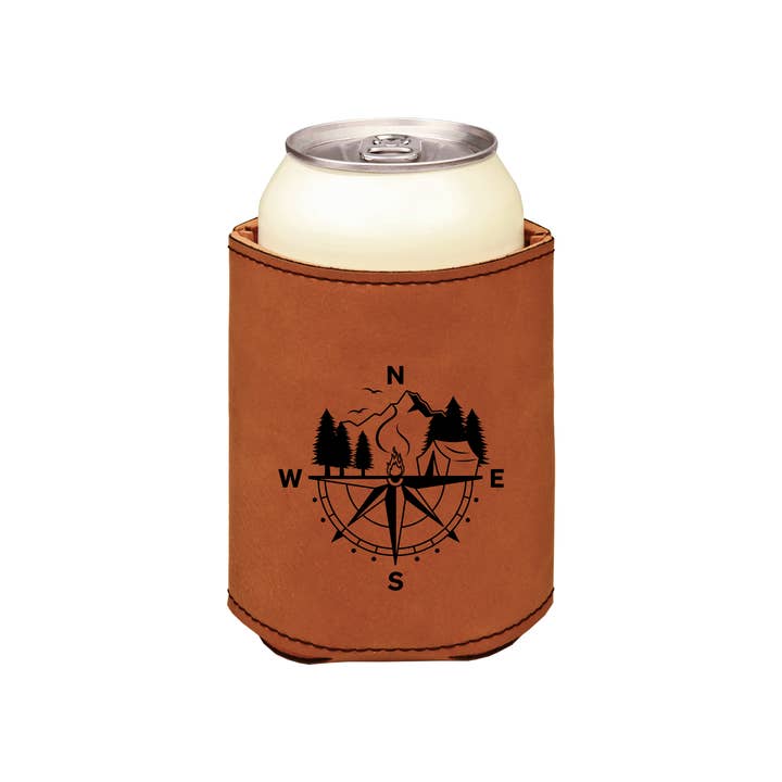 Camping Compass with Campfire Leatherette Can Koozie for wholesale by The Rural Home