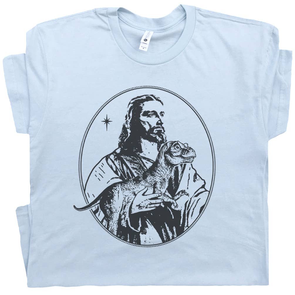 Shirtmandude Co - Wholesale Screen Printed T-Shirt - Unisex - Jesus Holding Dinosaur Shirt Funny Crazy Odd Offensive Tee0