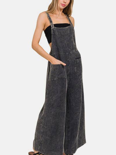 ASHBLACK Zenana Washed Double Gauze Elastic Waist Wide Leg Overalls for wholesale on Faire2