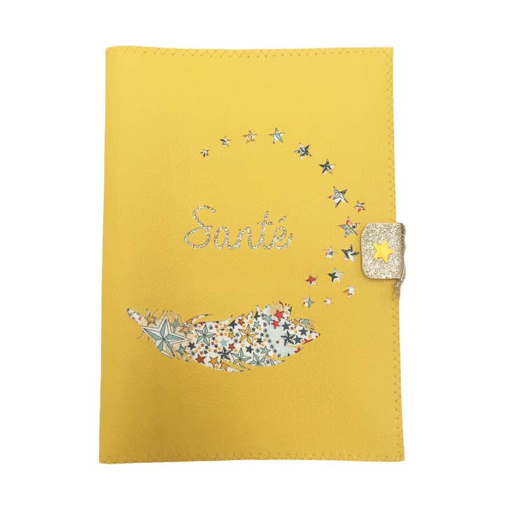 Copertina per libretto sanitario in piuma di senape e stelle in similpelle e liberty per la vendita all'ingrosso da parte di Crapaud Chou