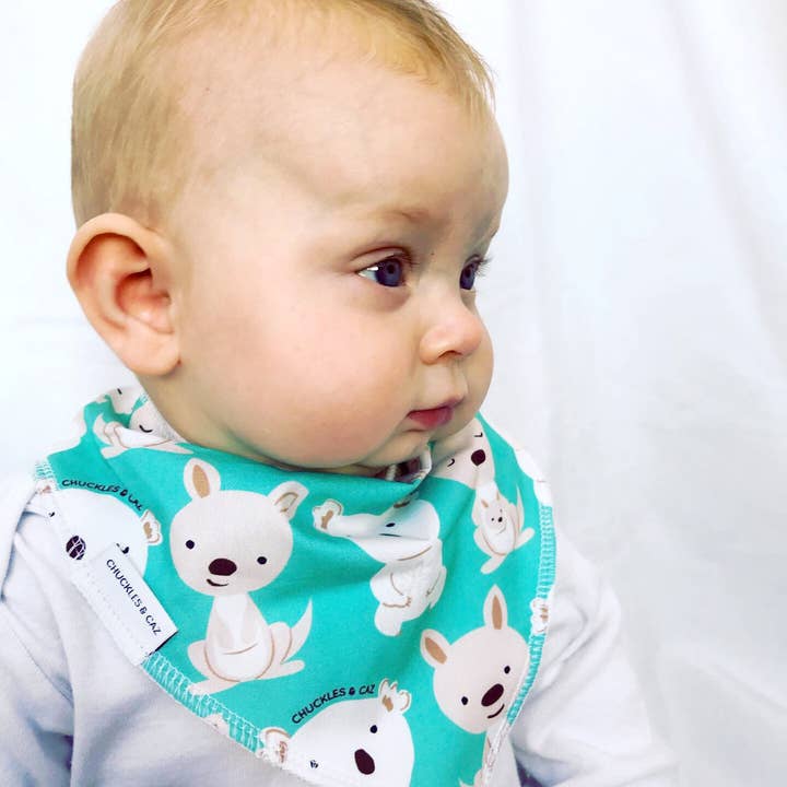 Chuckles & Caz - Wholesale Bib - Baby - Aqua Koala & Kangaroo Dribble Bib