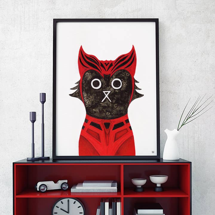 Scarlet Cat Wall Art Print, Superhero Art Print, Cat Art for wholesale by Baldy And The Fidget