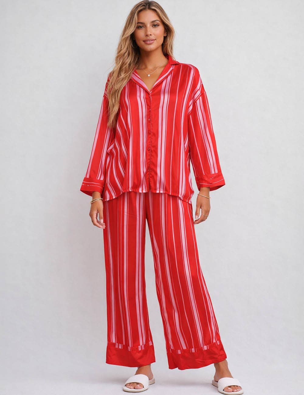 Rood Dames gestreepte lange mouwen top & broek lounge set voor groothandel op Faire3