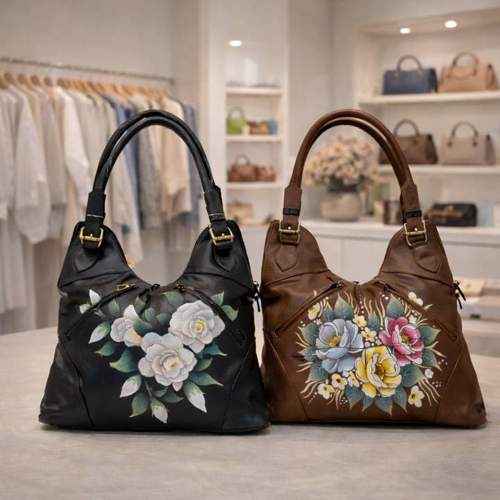 Sac cabas en cuir véritable peint à la main avec motif floral pour la vente par Alta Quero