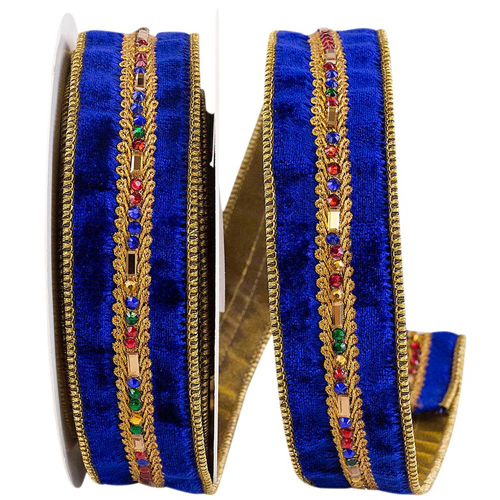 RELIANT RIBBON - Wholesale Ribbon - Gift Wrapping - Jewel Stones Trim Velvet Luxe Wired Edge, Royal, 1-1/2 In0