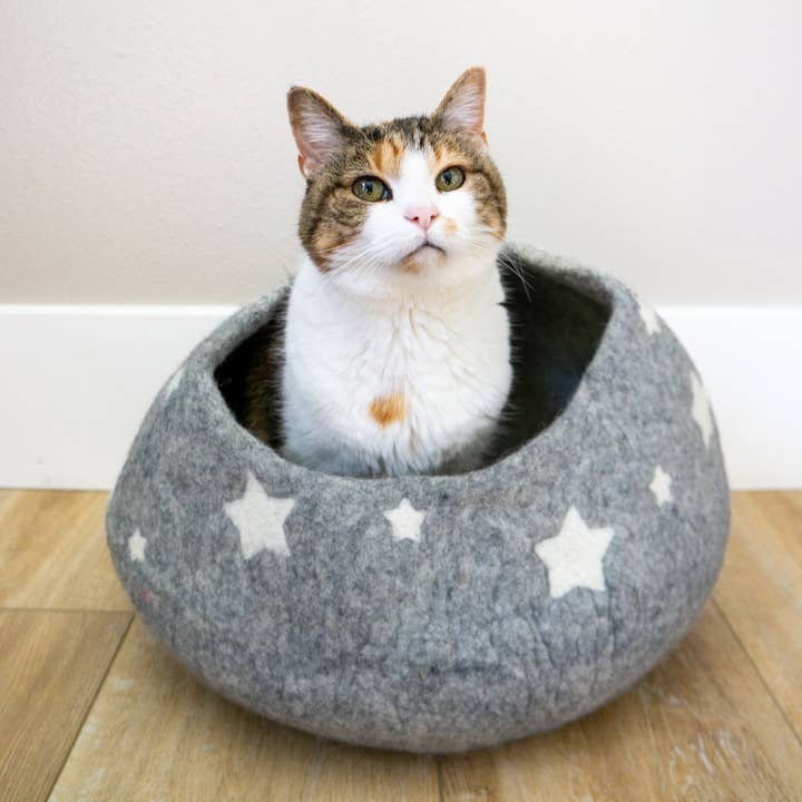 Felt Wool Cat Cave GREY Midnight Stars Eco Kitty Cave for wholesale by Friendsheep
