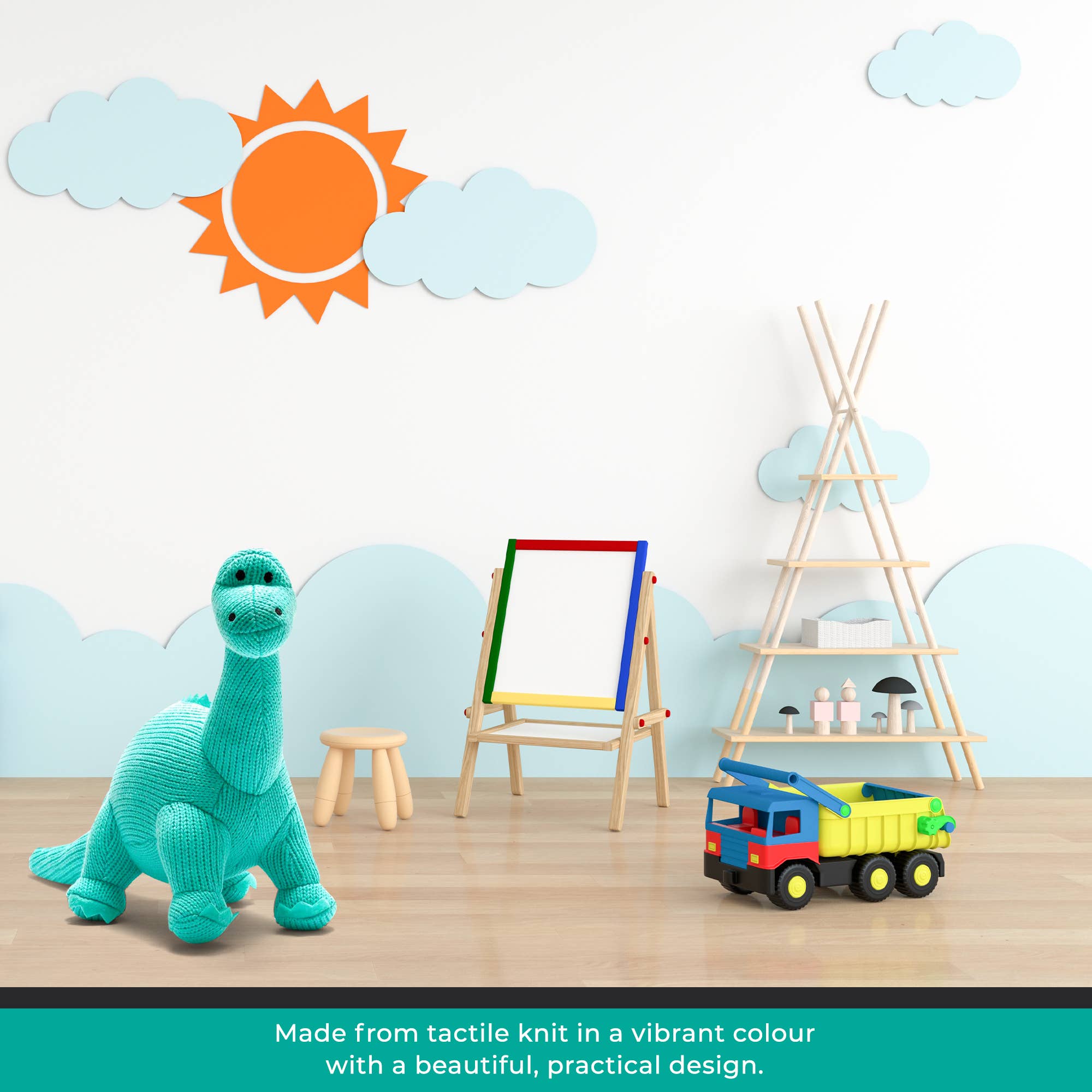 Best Years Ltd – wholesale Fyllda/plyschleksaker - Barn och baby – Stickad Diplodocus Mjukisdinosaurie - Isblå5