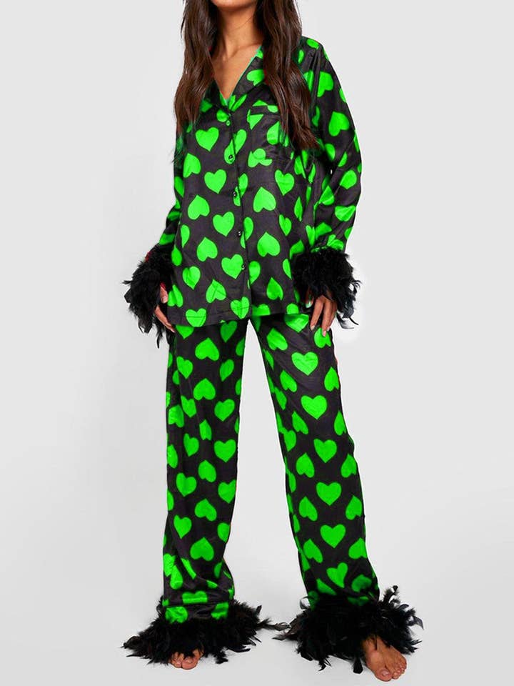 AZSHOP Trading LLC – Engroshandel Pyjamasæt - Dame – Hjerteprint pyjamassæt med fjerkant #26