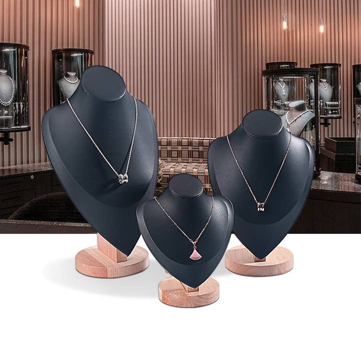 Zakka - Wholesale Jewelry Stand & Display - Wood Neck Bust Form Necklace Display Black Leather 3 Sizes