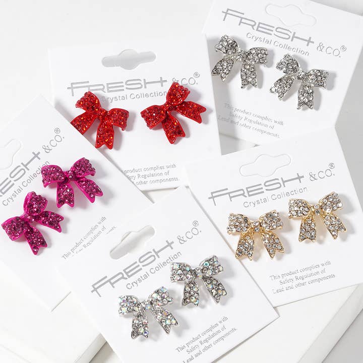 Fashion City - Wholesale Stud/Post Earrings - Rhinestone Bow Shape Post Earrings