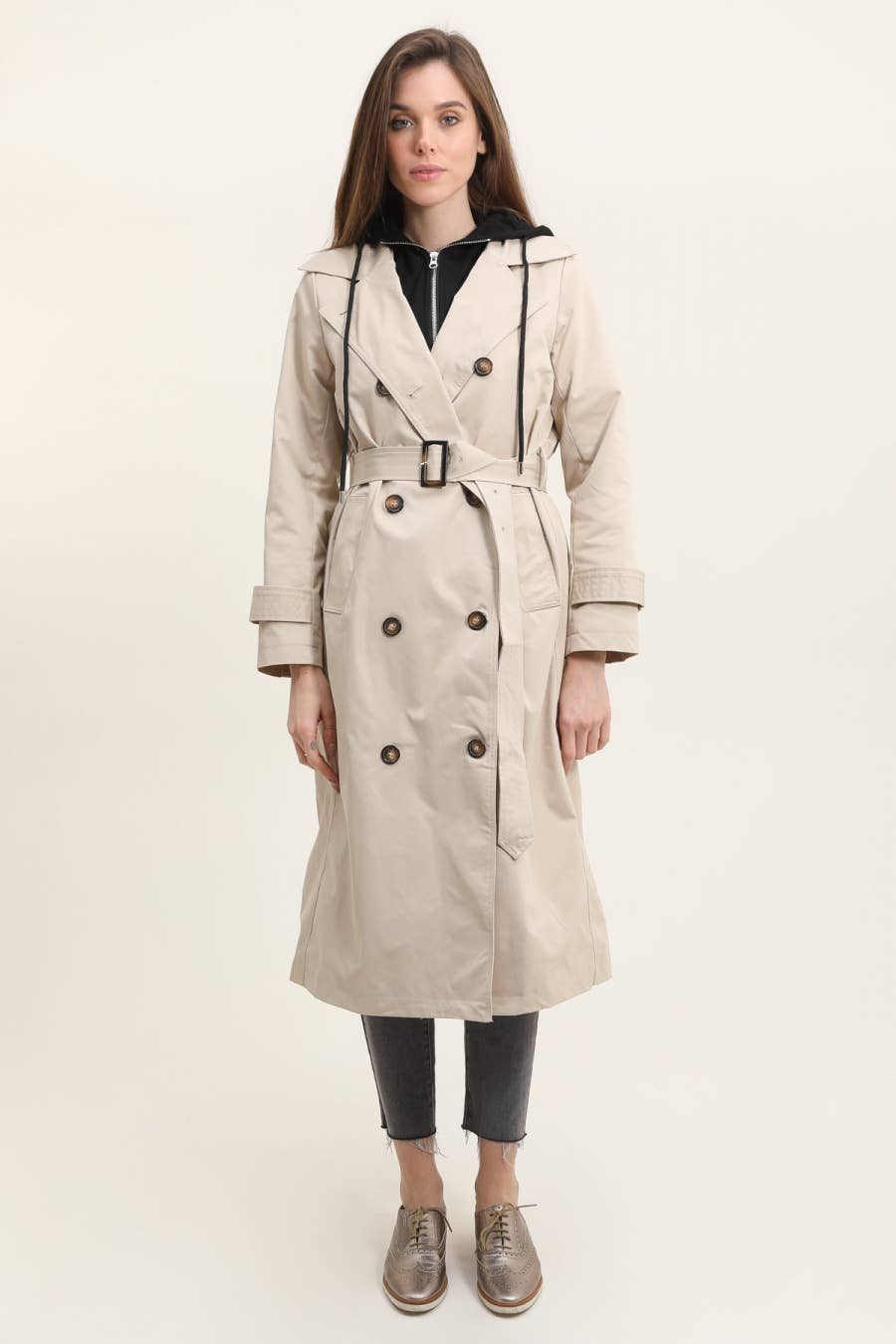 Attrait Paris - Wholesale Trench Coat - Women's - Long trench coat with hoodie yoke