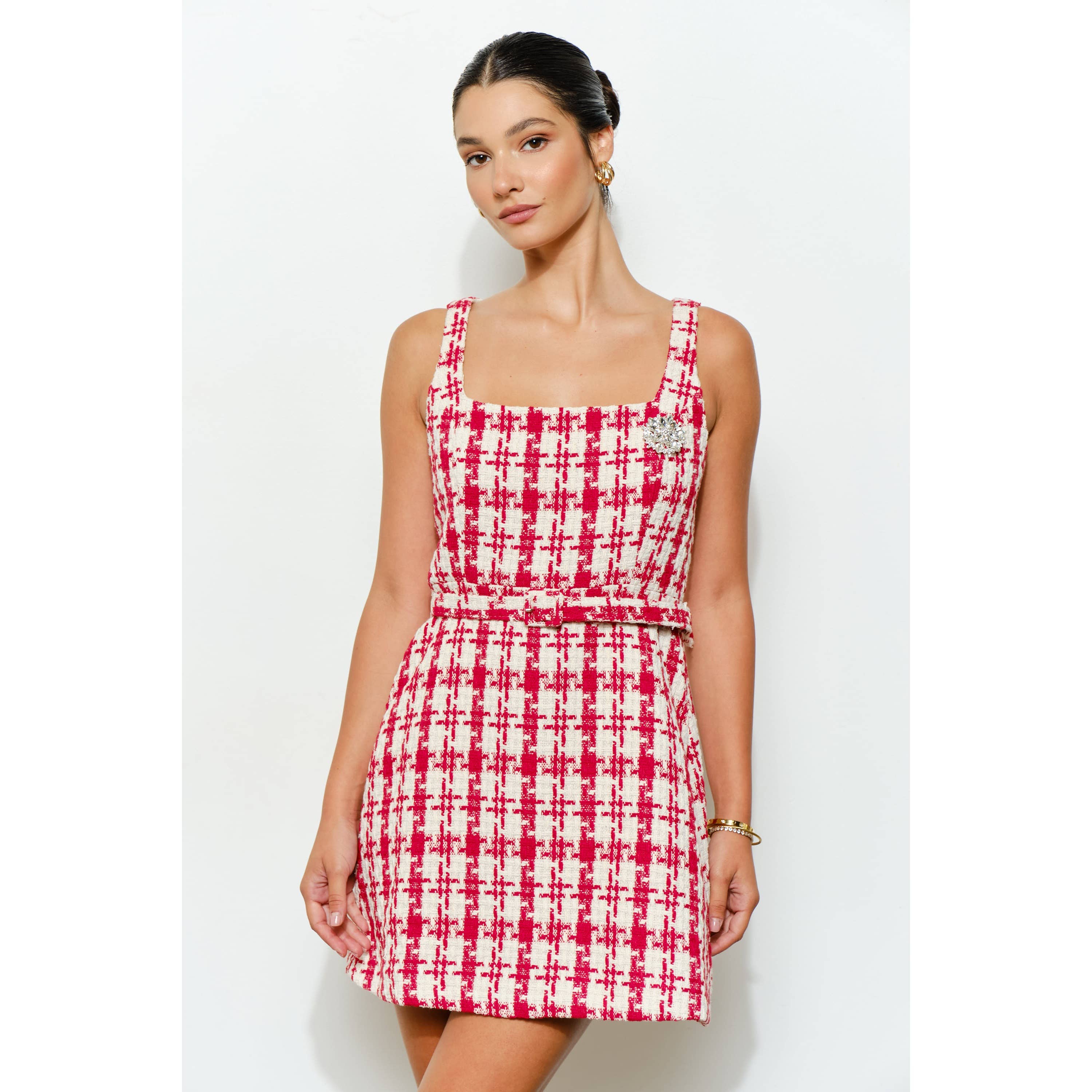 INA - Wholesale Dress - Women's - Check Tweed Brooch Detail Belted Mini Dress2