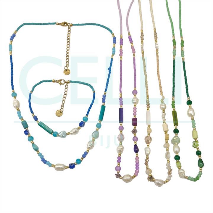 Steel Necklace / Bracelet with natural stone, freshwater pearls, and miyuki beads for wholesale by Celli Biju
