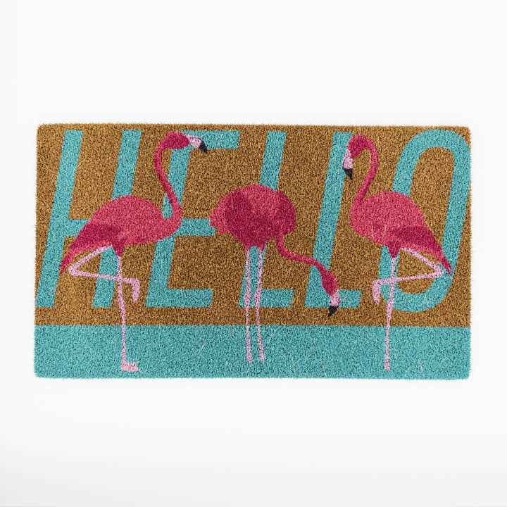 "Hello" Flamingos Coconut Coir Doormat for wholesale by Avera Products
