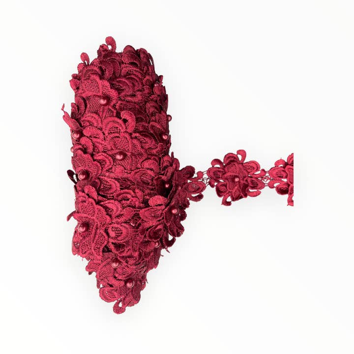 Floral Lace Trimmings - Maroon for wholesale by City Fabrics