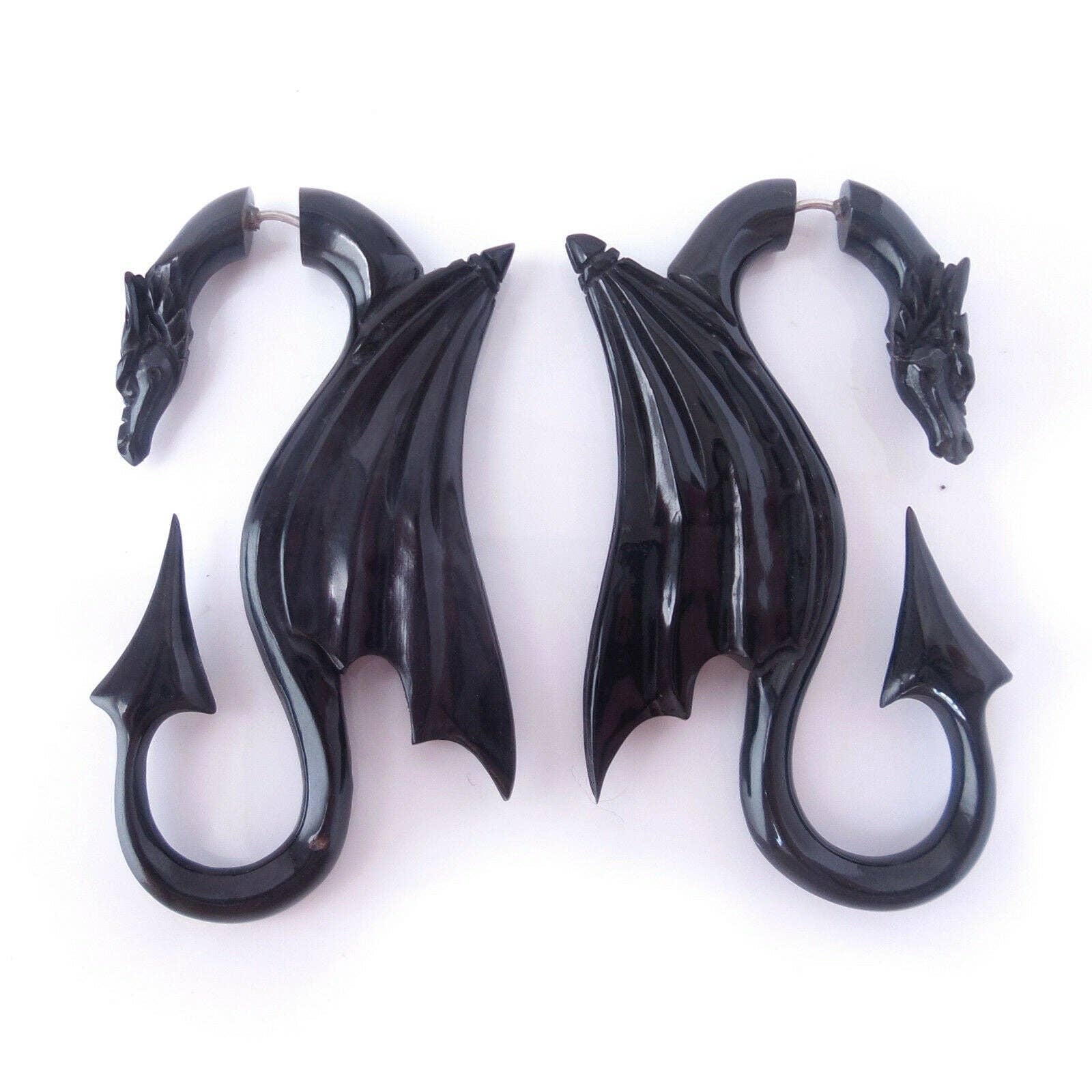 Dalfiya - Wholesale Dangle Earrings - Carved Dragon Split Gauge Earrings Faux Plug Black Gothic4