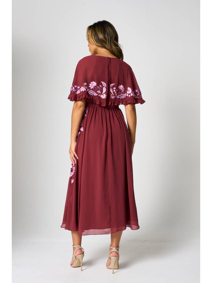 Scarlett Burgundy Embroidered Midi Dress with Cape Detail for wholesale on Faire5