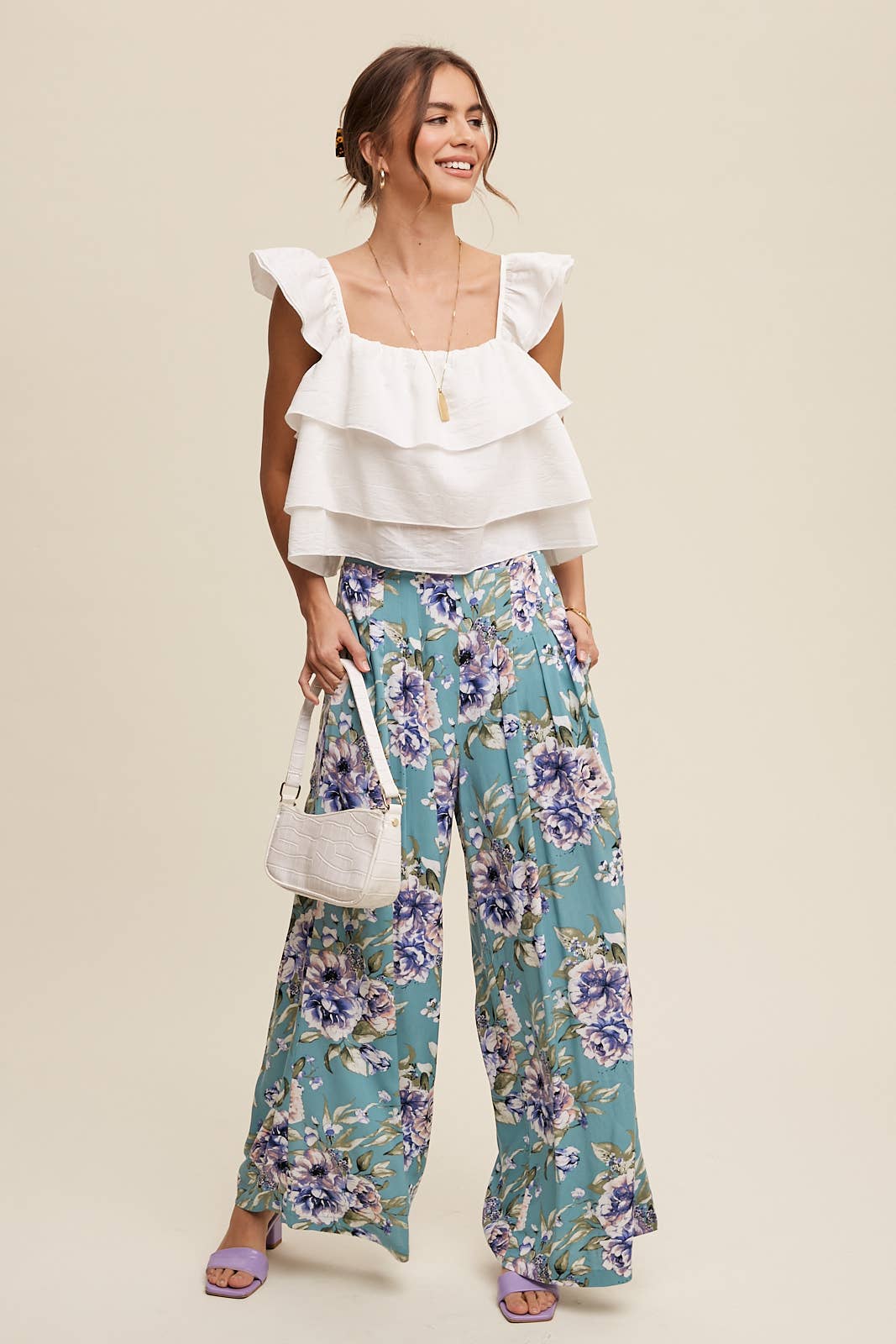 Listicle - Venta al por mayor Pantalones - Mujer - Pantalones anchos de flores con top de volantes en capas26