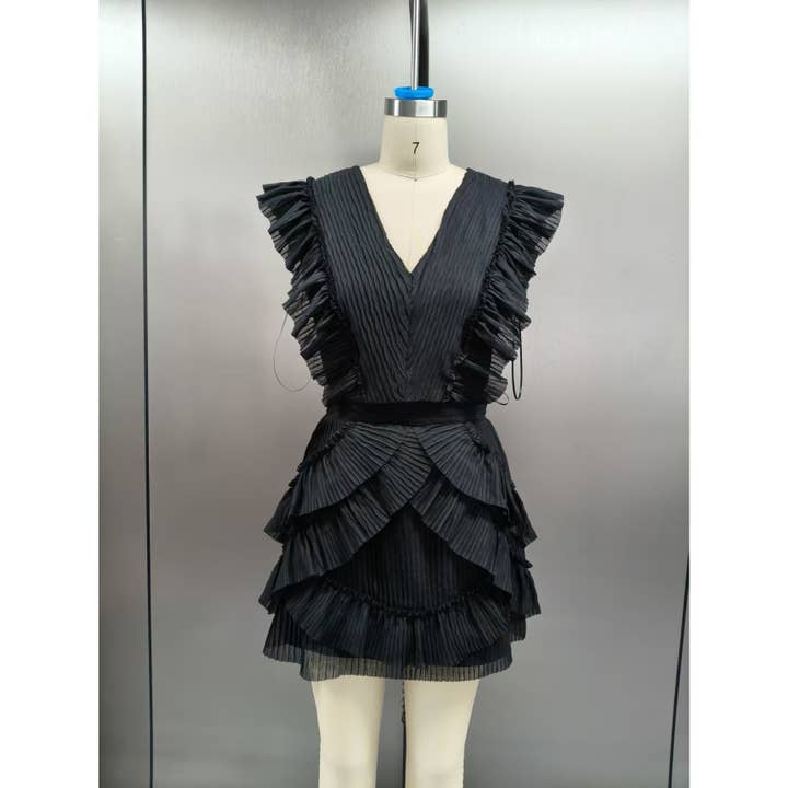 RUFFLED CUT0OUT BACK DETAIL V-NECK TOP & RUFFLED MINI SKIRT for wholesale by LENA