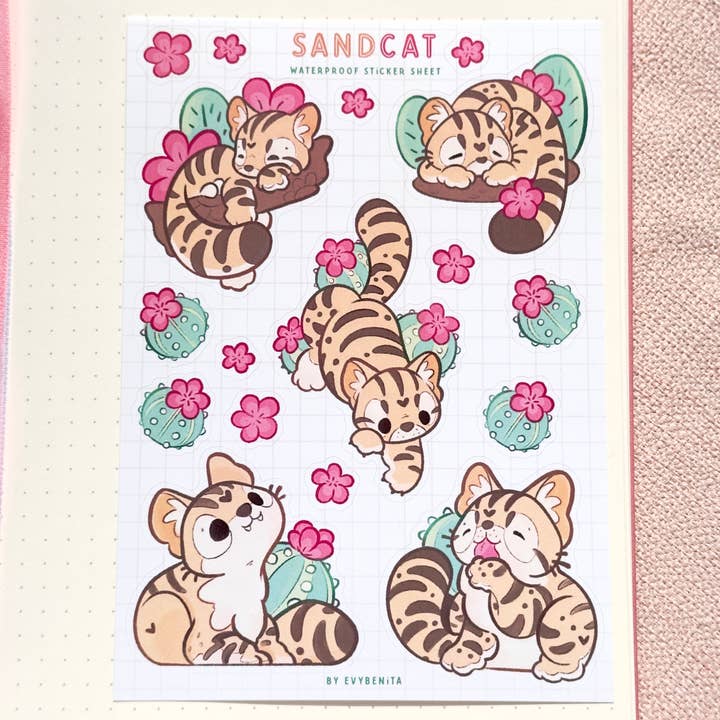 Feuille d'autocollants en vinyle Cacti Sand Cat pour la vente par Evy Benita