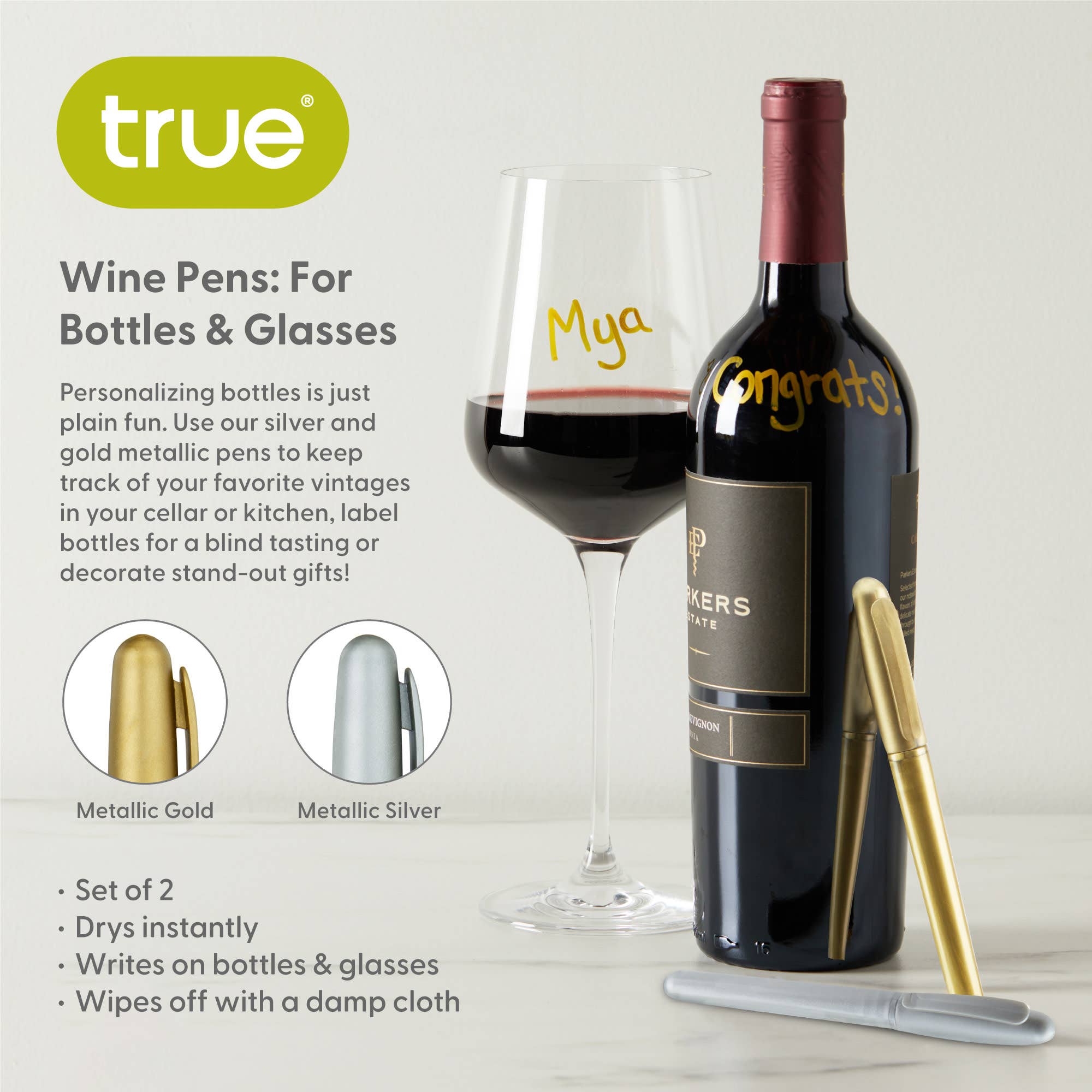 TRUE - Wholesale Wine Tool Set - Shimmer Metallic Wine Bottle and Glass Marking Pens Set of 24