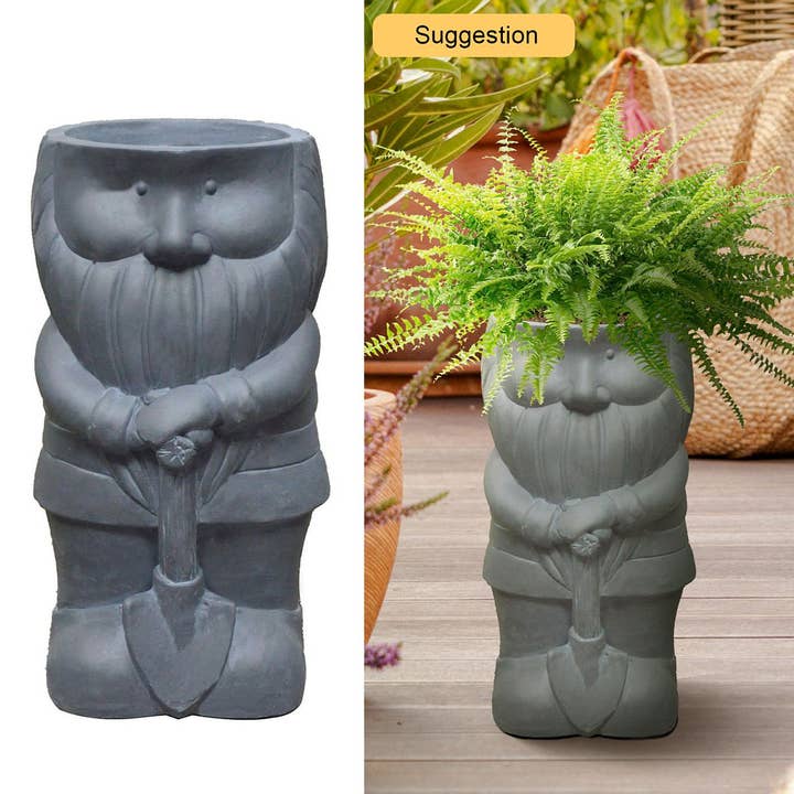 IDEALIST Gnome with a Shovel Oval Outdoor Plant Pot for wholesale by Idealist Lite Fibrestone Planters
