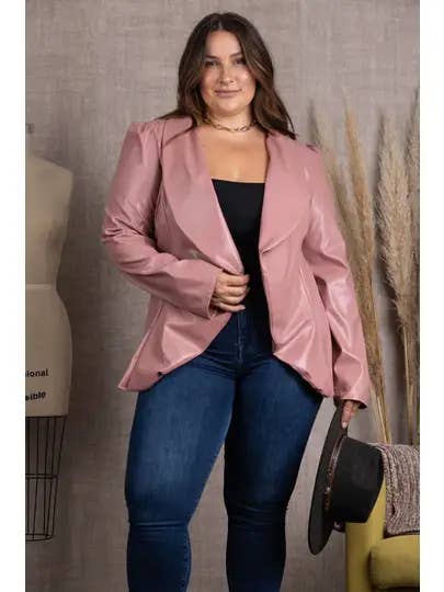 PINK LAPEL PU LEATHER PLUS SIZE BLAZER JACKET SJ1206 for wholesale by Stylish Wholesale