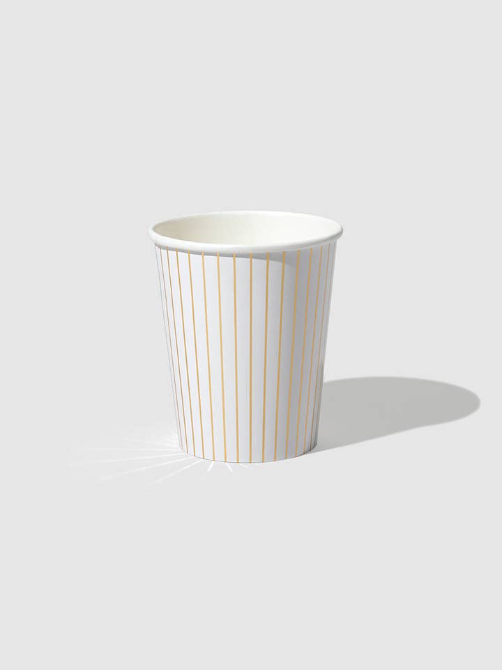 White Pinstripe Cups (10 per pack) for wholesale by Coterie Party Supplies