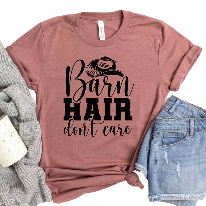 Epic Life - Designed - Wholesale Screen Printed T-Shirt - Women's - Barn Hair Don’t Care Shirt - Funny Farm Life Tee - Western Gift for Horse Lovers, Ranchers, and Cowgirls
