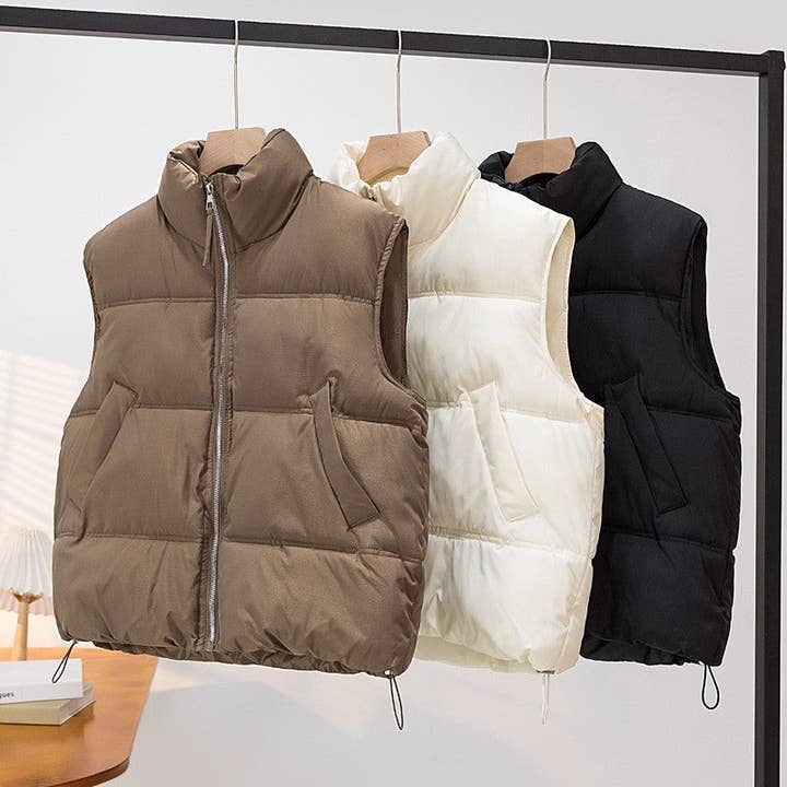 Gilet court en coton à col montant de couleur unie pour la vente par UZ Wholesale Store