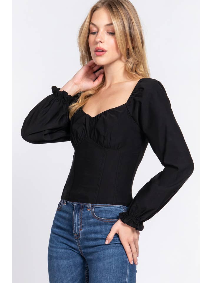 Active Basic | Active USA - Wholesale Blouse - Women's - Long Sleeve Sweetheart Neckline Stretch Bustier Top