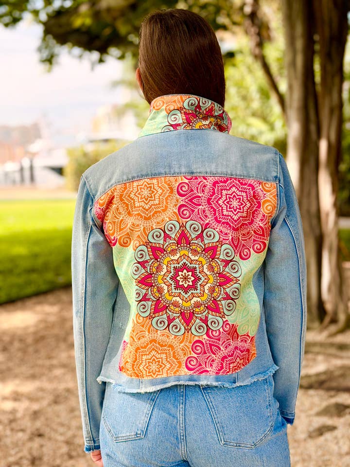 The Light Denim Jacket / Mandala Burst for wholesale by Stacy Bradley Design