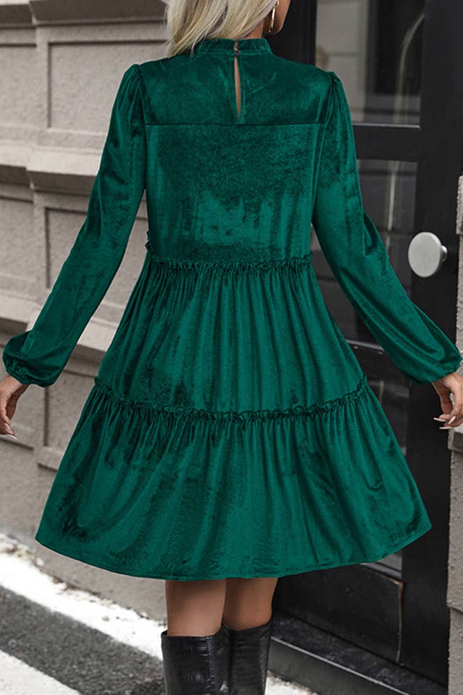 Dark Green Splicing Ruffled A-line Velvet Dress for wholesale on Faire3