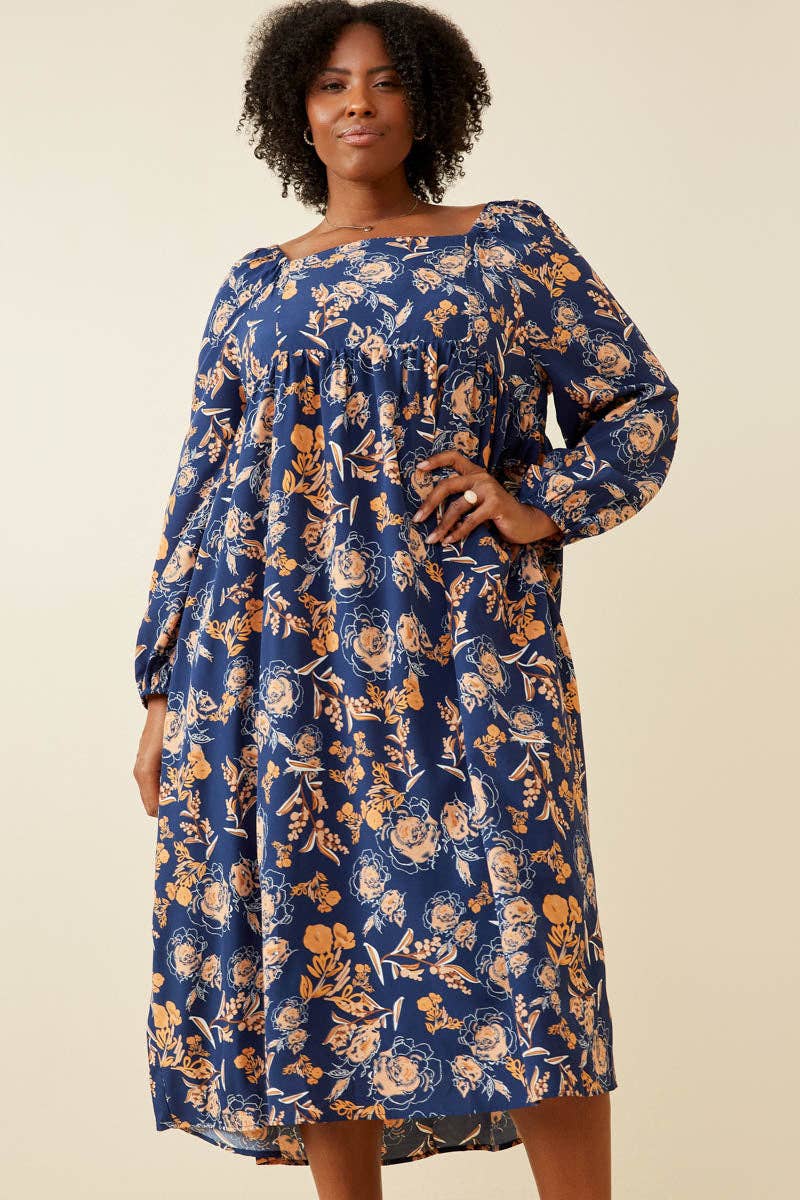 Navy Womens Romantic Floral Square Neck Midi Dress for wholesale on Faire7