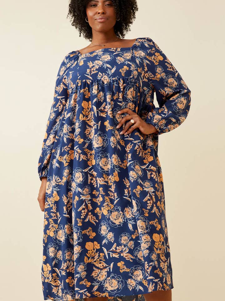 Navy Womens Romantic Floral Square Neck Midi Dress for wholesale on Faire7