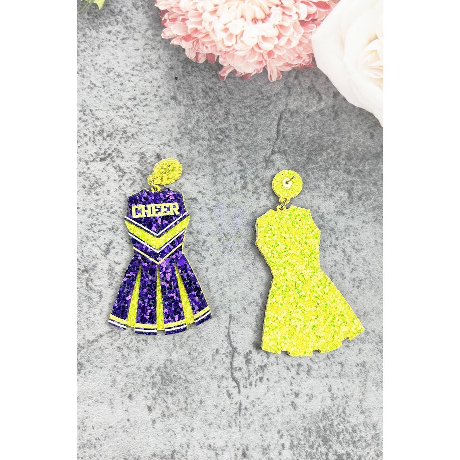 JHP Collection - Wholesale Dangle Earrings - GLITTER CHEERLEADER UNIFORM DROP POST EARRING7