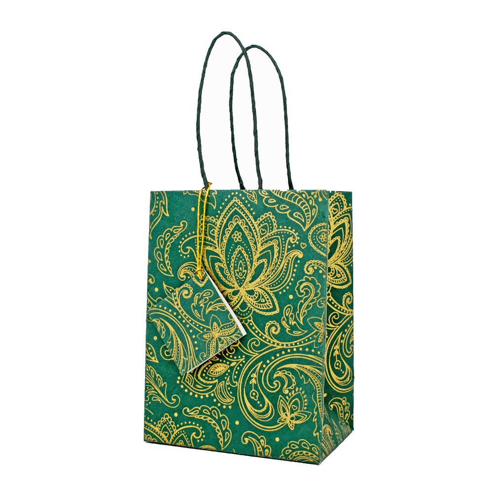 Fair to Trade Ltd – Saco de presente por atacado – Saco de Presente de Papel Lokta Feito à Mão Verde/Dourado Paisley para Garrafa1
