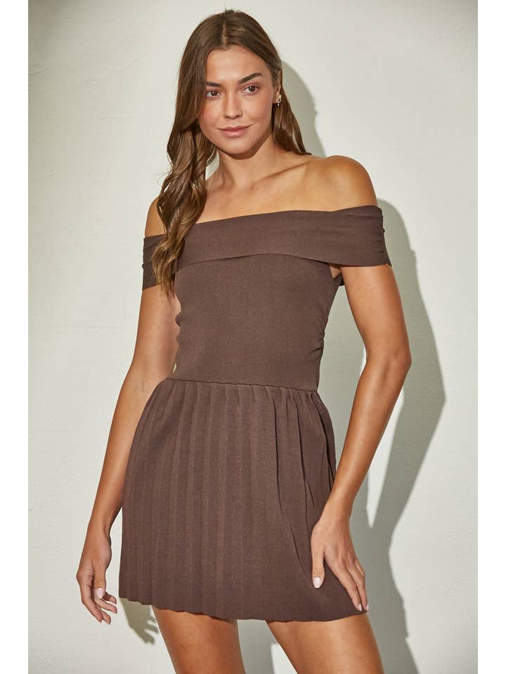 Edit by Nine - Wholesale Dress - Women's - Off Shoulder Ribbed Knit Pleated Mini Dress4