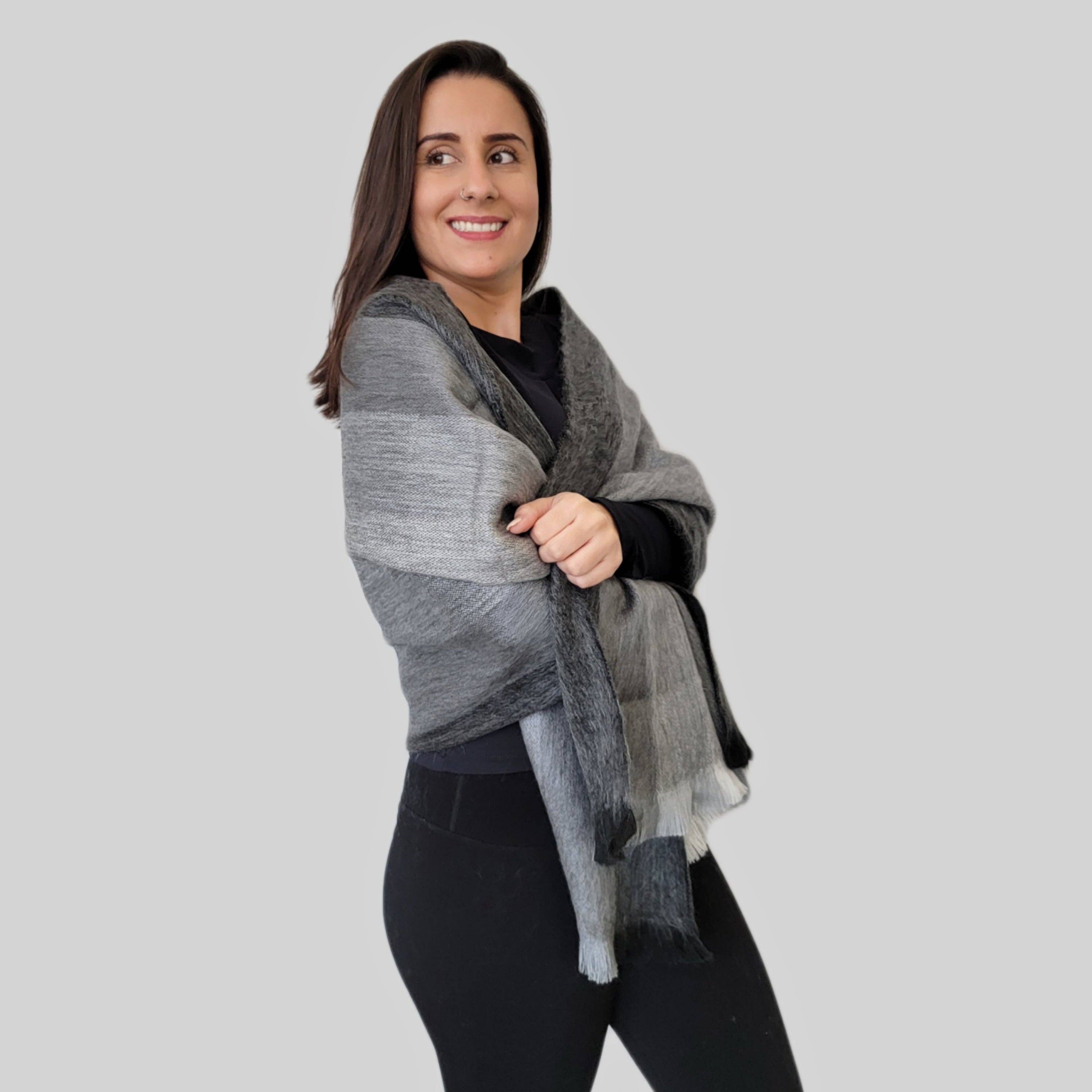 LATITUDE ZERO GOODS - Wholesale Wrap - Women's - Fragata - Gray Striped Alpaca Wool Shawl 1