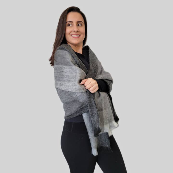 LATITUDE ZERO GOODS - Wholesale Wrap - Women's - Fragata - Gray Striped Alpaca Wool Shawl 1