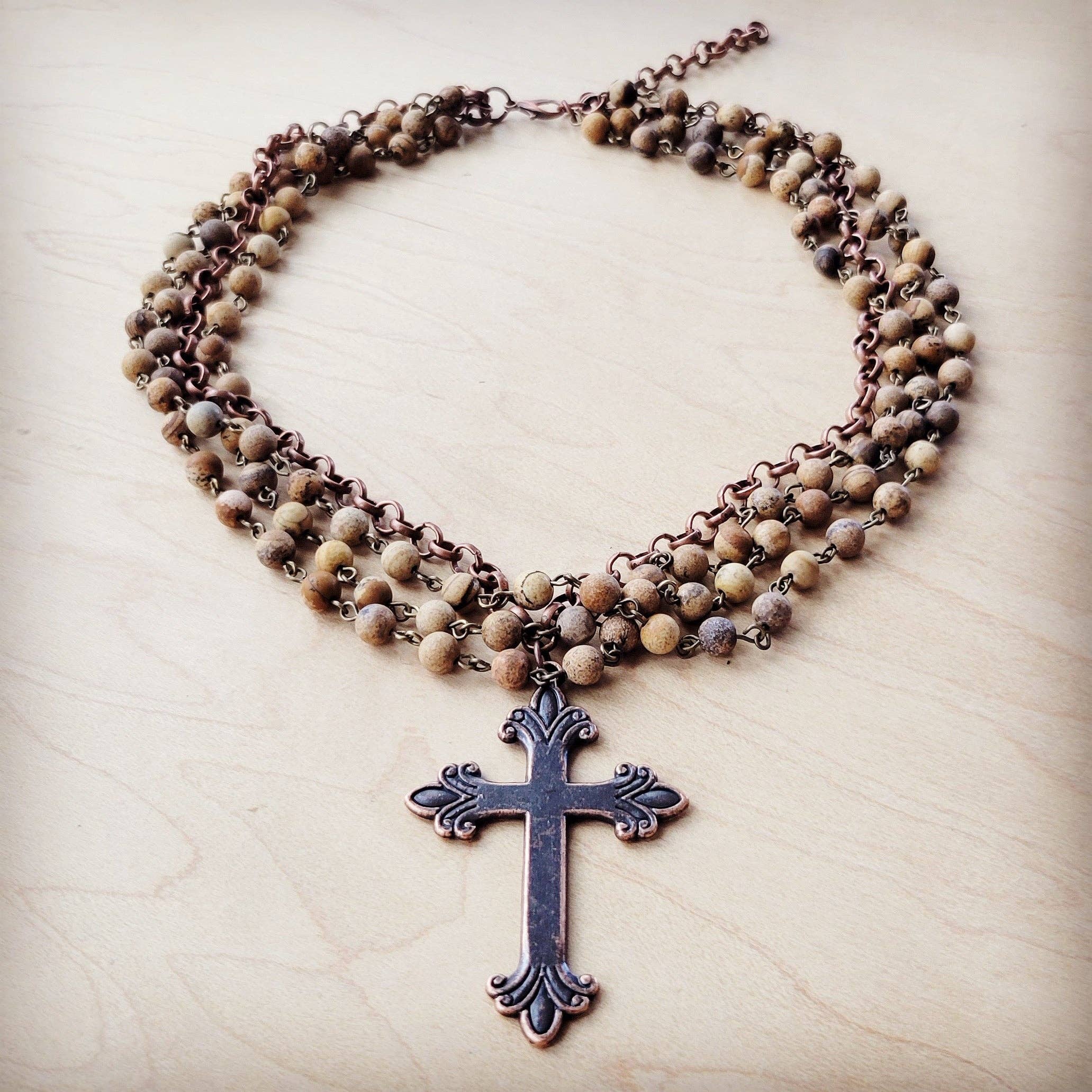 The Jewelry Junkie - Wholesale Pendant/Charm Necklace - Picture Jasper Beaded Collar Necklace w/ Cross Pendant 261b2
