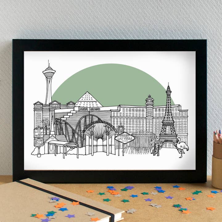 Las Vegas Skyline Landmarks Art Print - unframed for wholesale by Becka Griffin Illustration