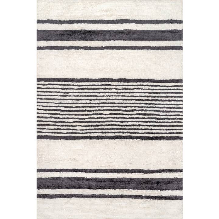 Ivory Striped Wool Machine Washable Area Rug for wholesale on Faire