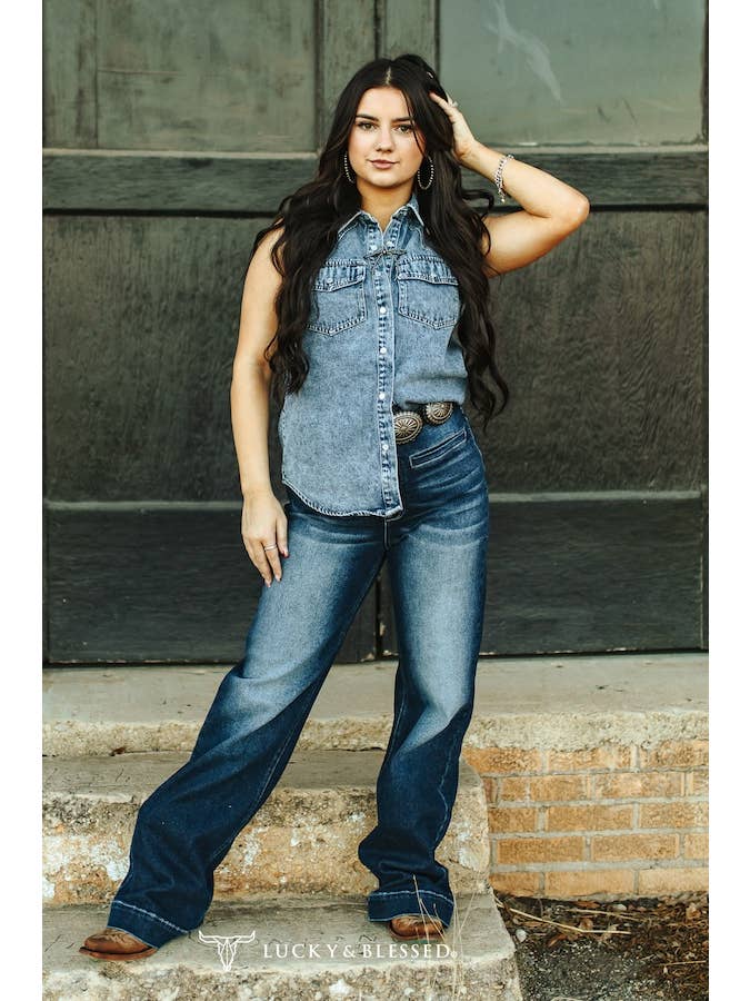 LUCKY & BLESSED - Wholesale Jeans - Women's - Dark Wash High Rise Western Trouser Jeans
