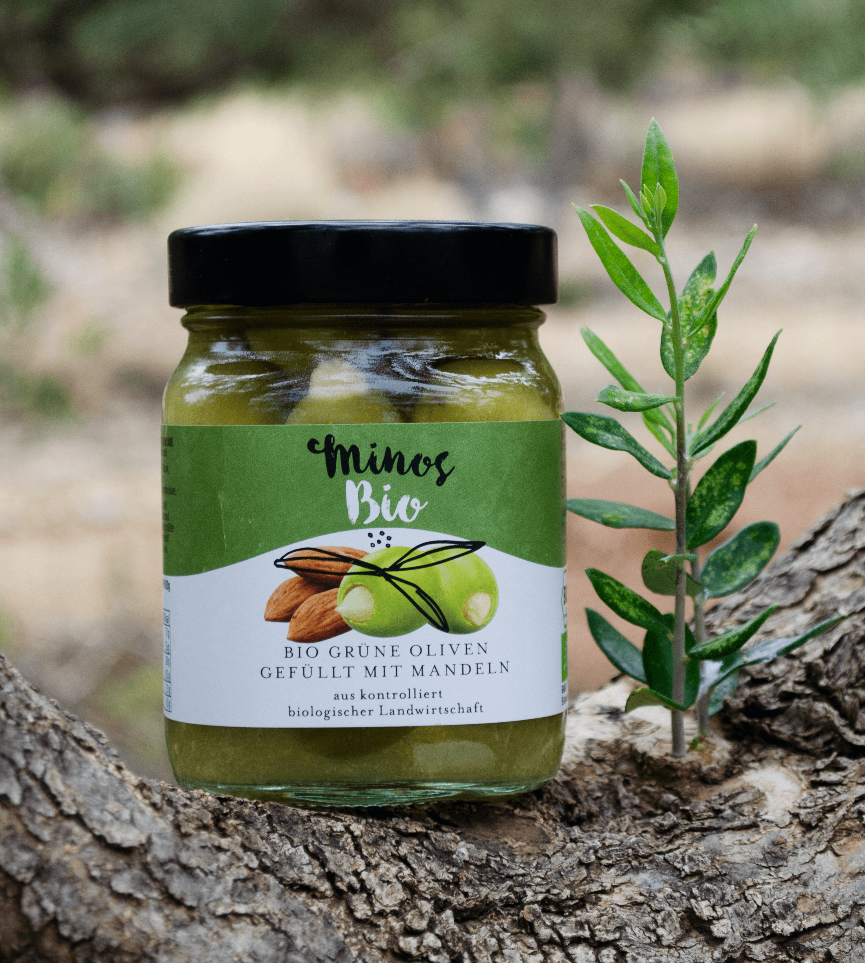 Minos - Wholesale Olives - Organic green olives with almonds 370ml1
