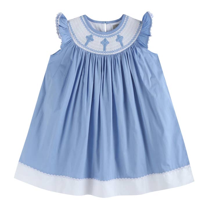 Lil Cactus - Wholesale Dress - Kids - Periwinkle Blue Crosses Smocked Bishop Dress