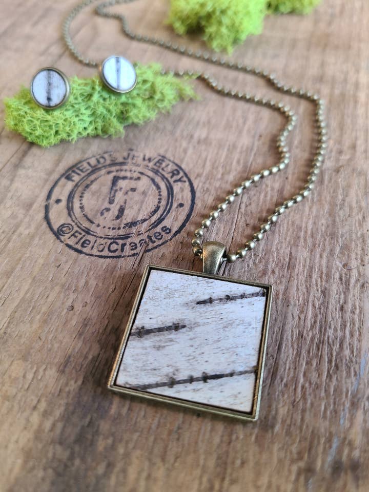 Birch Bark Square Necklace Earring Set Botanical Nature Tree for wholesale by Fields