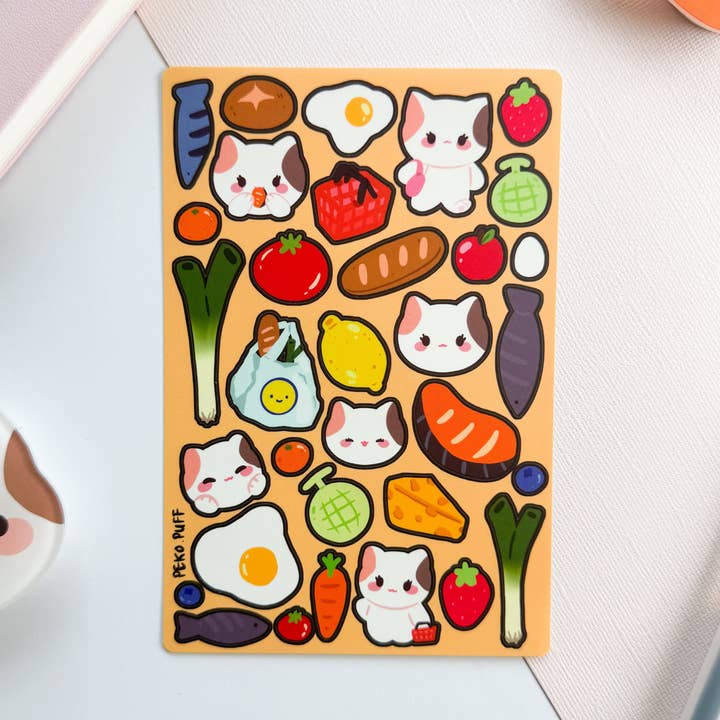 Cute Cat Calico Grocery Haul Matte Deco Sticker Sheet for wholesale by PekoPuff