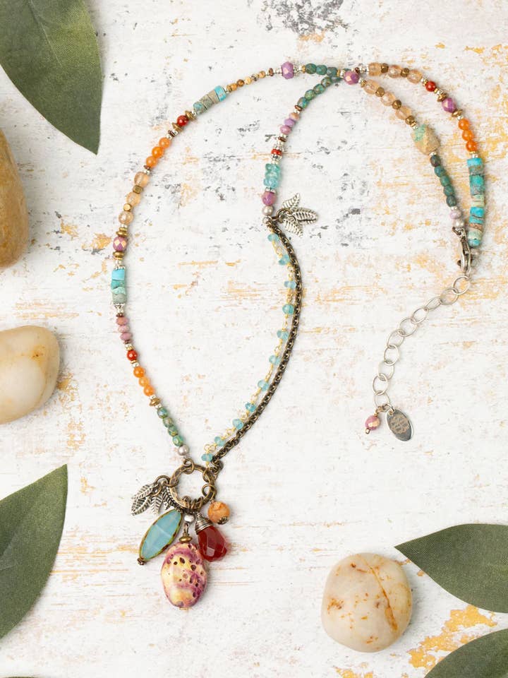 Earthen 16-18" Turquoise, Czech Glass, Spiny Oyster Cluster Necklace for wholesale by Anne Vaughan Designs Jewelry