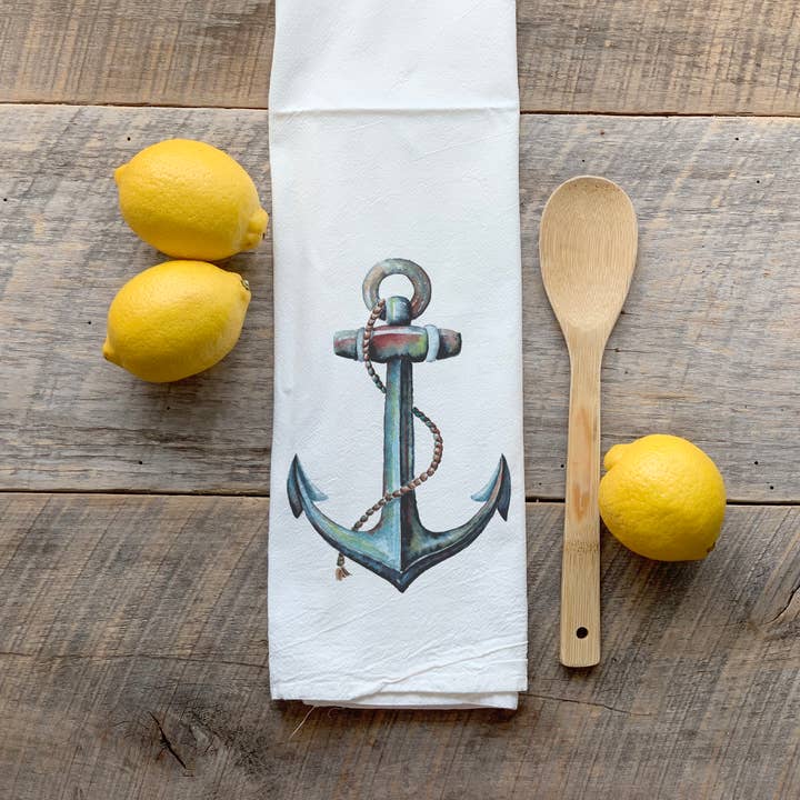 Watercolor Anchor Flour Sack Tea Towel for wholesale by Meadowbrook Lane
